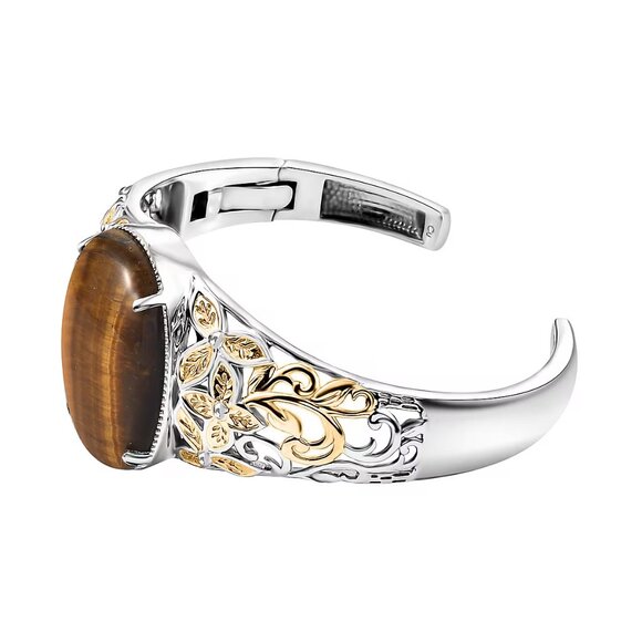 Tigers Eye 33.15 ctw Cuff Bracelet in 14K YG and Platinum Over Copper - Picture 5 of 7